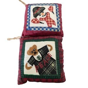 Set Of 2 Vintage Quilted Pillow Plaid Peace Bear and Snowman Ornaments 6”x 6”